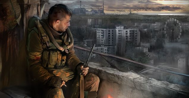 Обои на рабочий стол Мужчина - воин смотрит на брошенный город, S T A L K E R Зов Припяти