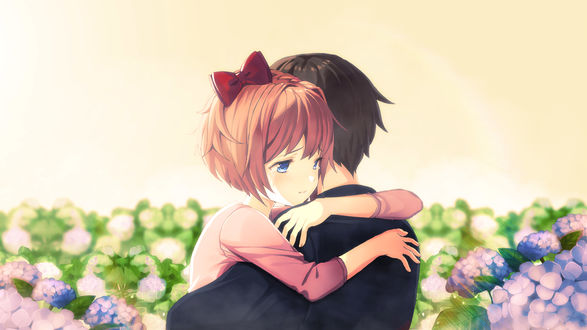 Обои на рабочий стол Sayori / Саери обнимает персонажа из игры Doki Doki Literature Club, by Adiim