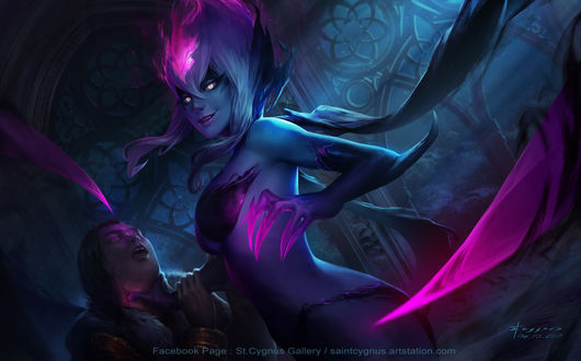 Обои на рабочий стол Evelynn / Эвелинн душит мужчину из игры League of Legends / Лига Легенд, by St. Cygnus