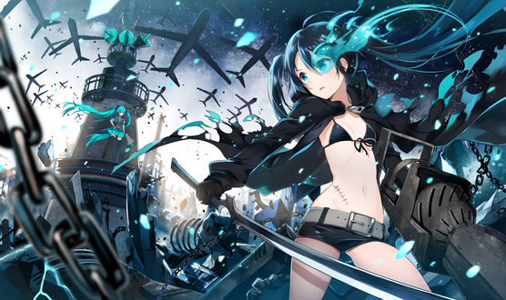 Обои на рабочий стол Black Rock Shooter / Стрелок с Черной Скалы из аниме Black Rock Shooter / Стрелок с Черной Скалы и Vocaloid Hatsune Miku / Вокалоид Хацуне Мику, by prozz38