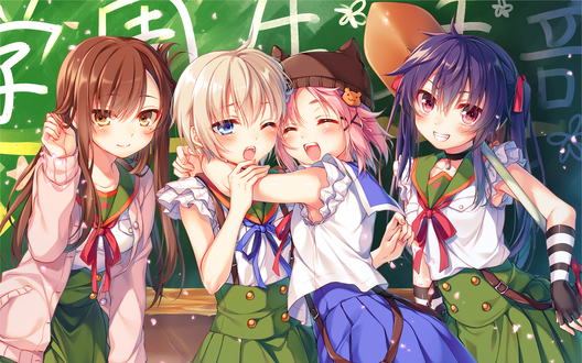 Обои на рабочий стол Yuuri Wakasa / Юри Вакаса, Miki Naoki / Мики Наоки, Yuki Takeya / Юки Такэя и Kurumi Ebisuzawa. Куруми Эбисузава из аниме Gakkougurashi!/Школьная жизнь, by prozz38