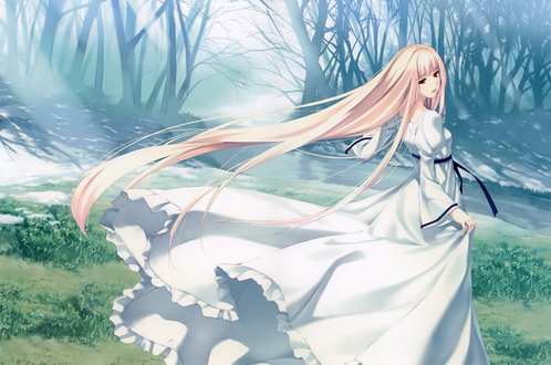 Обои на рабочий стол Сион Нанацуки / Nanatsuki Shion из визуальной новеллы Caucasus ~Nanatsuki no Nie~, танцует на природе, автор Sugina Miki