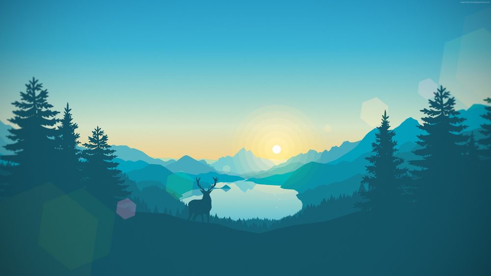Обои для рабочего стола Силуэт оленя, вышедшего из леса на поляну, на фоне горного озера, в лучах солнца на рассвете, пейзаж из игры Наблюдательная вышка / Firewatch
