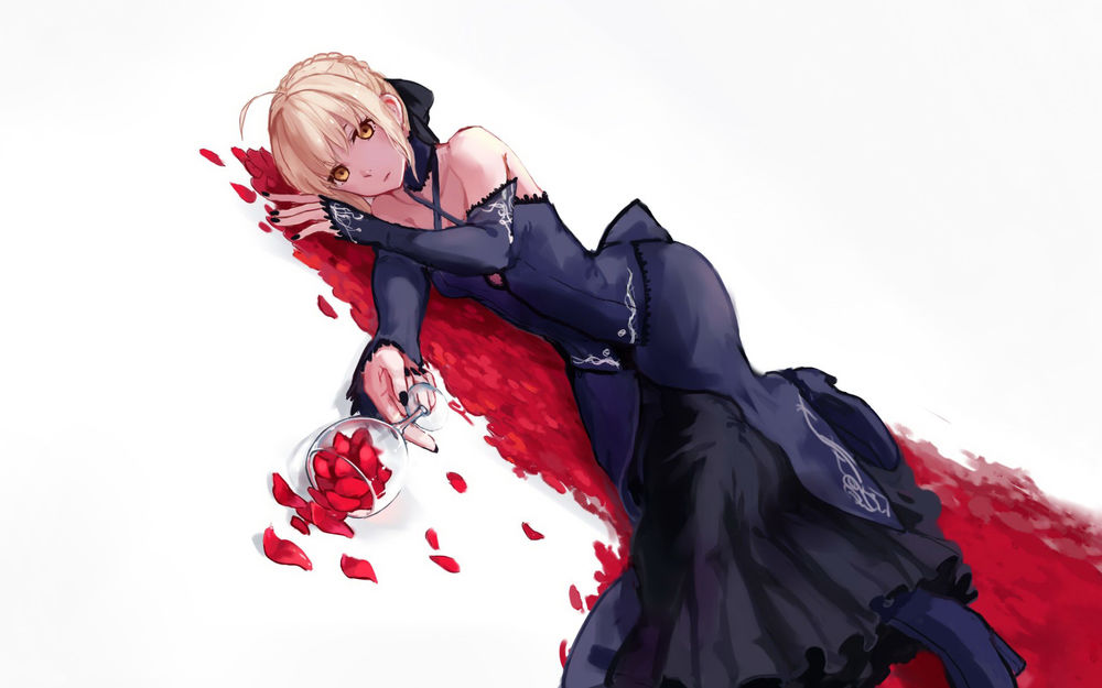 Обои для рабочего стола Сейбер Альтер / Saber Alter / Dark Saber из визуальной новеллы Fate / stay night, лежит на ковре из красных лепестков с бокалом в руке