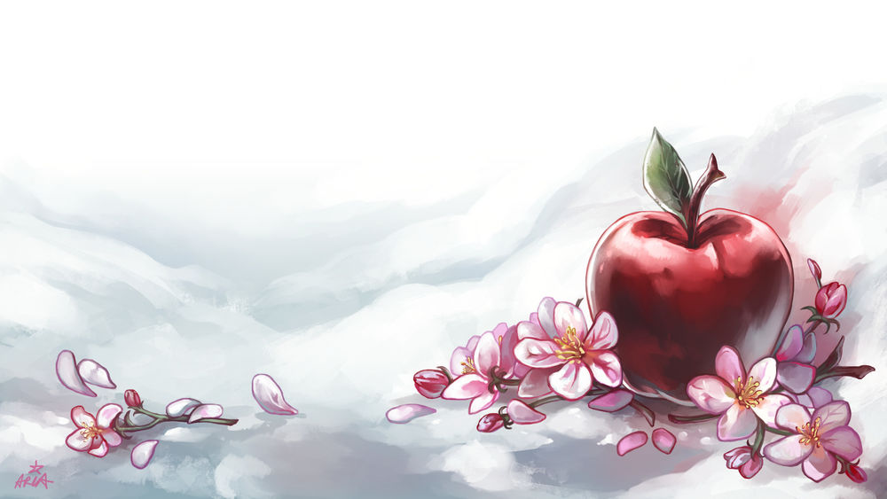 Обои для рабочего стола Цветки сакуры и красное яблоко, by Anoushka Russell