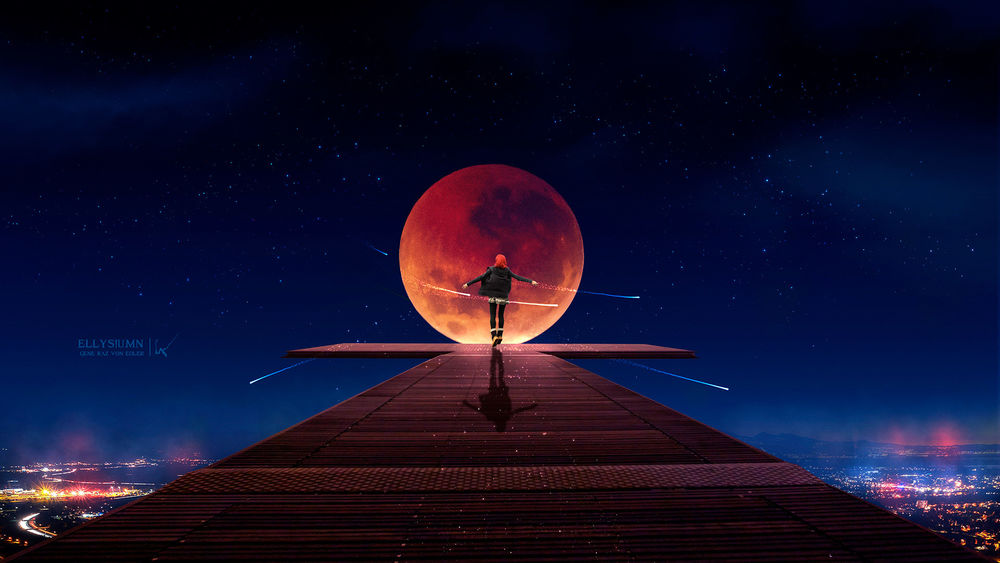 Обои для рабочего стола Девушка стоит на фоне огромной луны, by Gene Raz von Edler