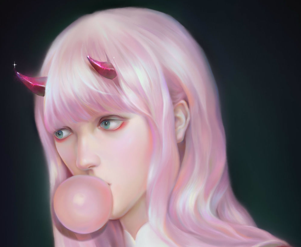 Обои для рабочего стола Zero Two / Зеро Ту из аниме Darling in the FranXX / Милый во Франкcе с пузырем из жвачки во рту