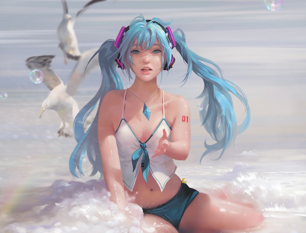 Обои для рабочего стола Vocaloid Hatsune Miku / Вокалоид Хатсуне Мику сидит в море среди летающих чаек, by Taejune Kim