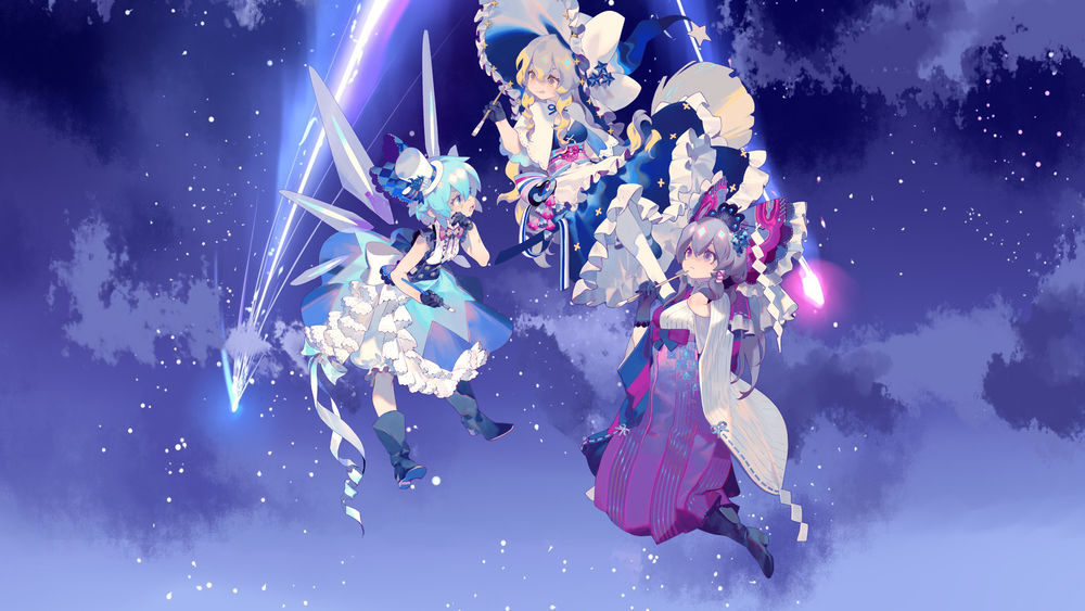 Обои для рабочего стола Cirno / Чирно, Marisa Kirisame / Мариса Кирисамэ и Reimu Hakurei / Рэйму Хакурэй из манги Touhou Sangetsusei: Oriental Sacred Place / Тохо Сангэцусэй: Священная земля Востока, by Xroulen