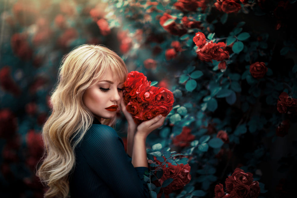 Обои для рабочего стола Модель Judy Goldammer стоит у куста красных роз, фотограф Melanie Dietze
