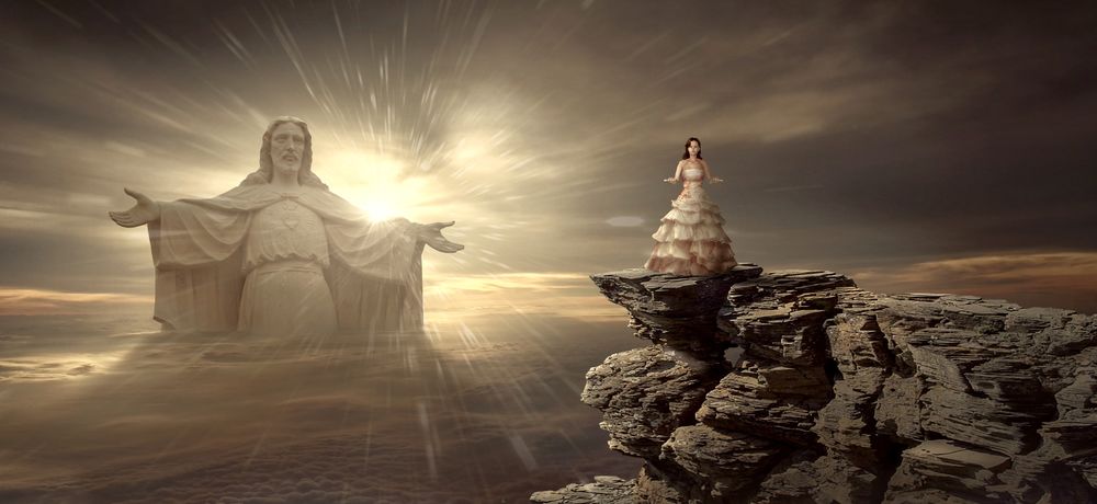 Обои для рабочего стола Девушка в старинном платье на скале, в небе статуя Христа на фоне заходящего солнца, by Stefan Keller