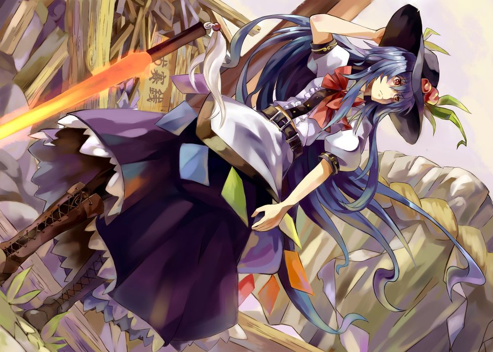 Обои для рабочего стола Tenshi Hinanawi / Тэнси Хинанави из игры Scarlet Weather Rhapsody / Алая Погодная Рапсодия среди цветущей сакуры, by Yanshoujie