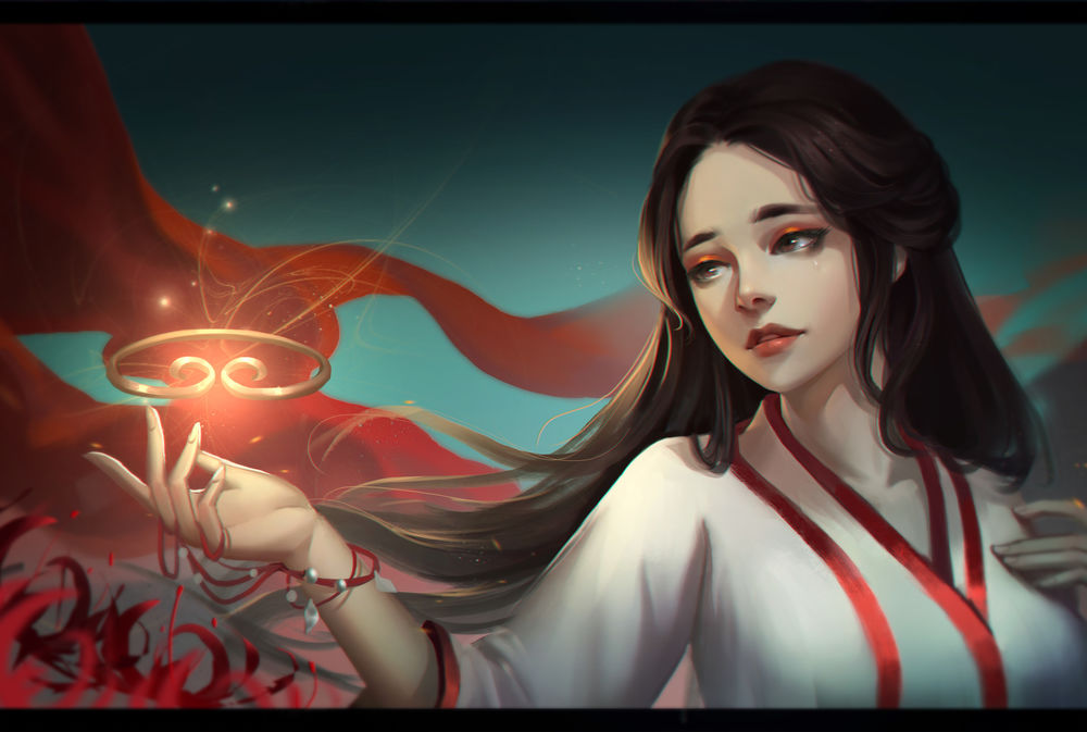 Обои для рабочего стола Девушка, над рукой которой, сияющий предмет, by Jingwen Lin