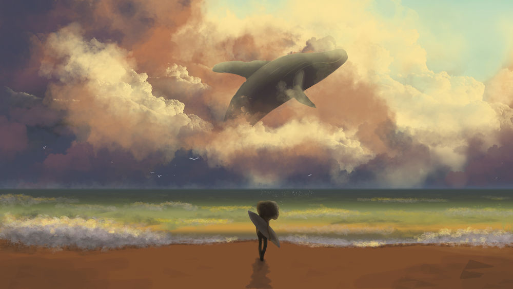 Обои для рабочего стола Фантастический парень стоит у моря с китом в облаках, by Серхио Мартин