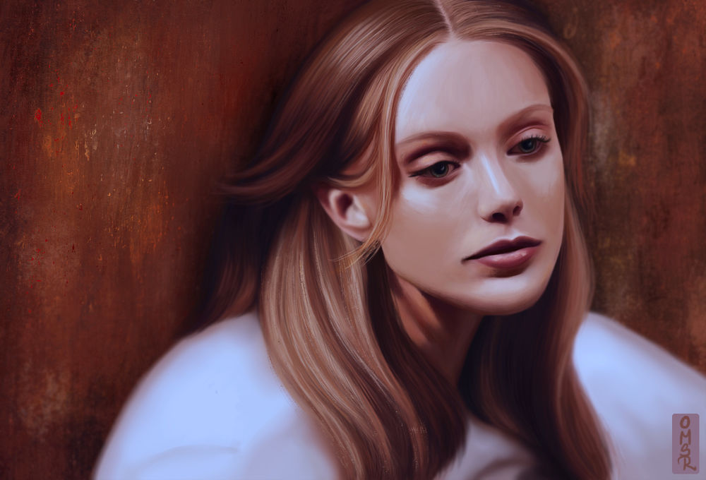 Обои для рабочего стола Грустная девушка опустила глаза, by Hanna R