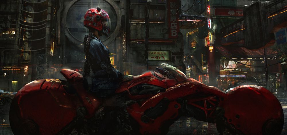 Обои для рабочего стола Biker Girl / Девушка-байкер на футуристическом мотоцикле в ночном городе, by Eddie Mendoza