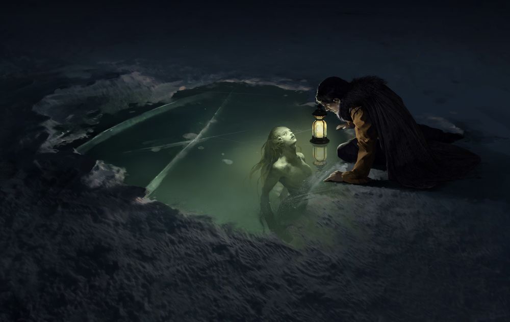 Обои для рабочего стола Темной холодной зимней ночью мужчина с фонарем встретился взглядом с русалкой на озере покрытом льдом