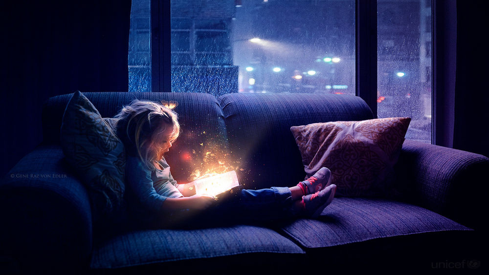 Обои для рабочего стола Девочка с волшебной книгой сидит на диване, by Ellysiumn Art