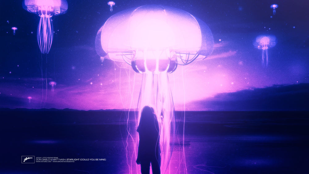 Обои для рабочего стола Девушка стоит на фоне большой медузы, парящей в небе