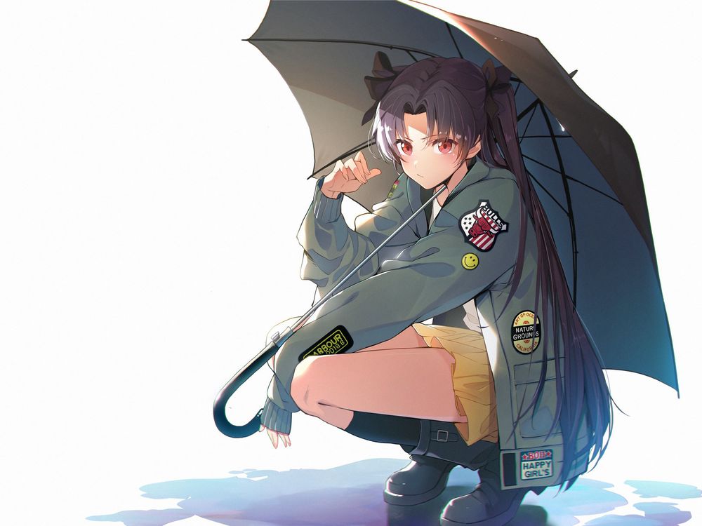 Обои на рабочий стол Девушка в военной форме сидит на корточках под зонтом,  персонаж из аниме и игры Судьба / Великий приказ / Fate / Grand Order:  First Order, обои для рабочего