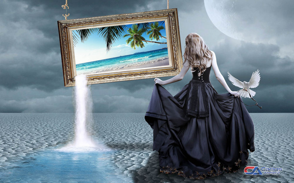 Обои для рабочего стола Девушка в длинном платье стоит у картины с морским пейзажем, by Carlos Atelier2