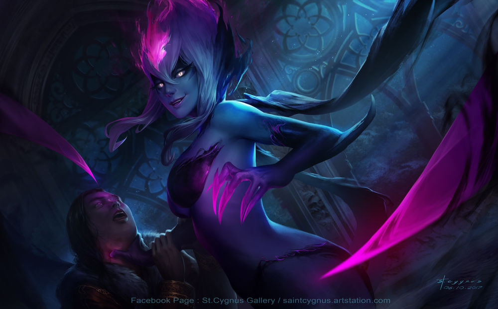 Обои для рабочего стола Evelynn / Эвелинн душит мужчину из игры League of Legends / Лига Легенд, by St. Cygnus