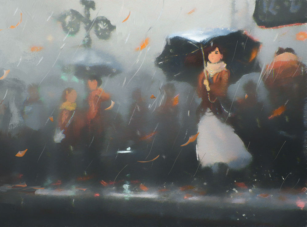 Обои для рабочего стола Девушка с зонтом стоит под дождем, by Sylar113