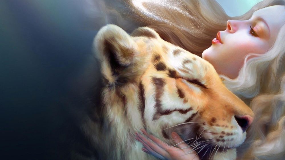 Обои для рабочего стола Девушка сдувает волшебную пыль над головой у тигра