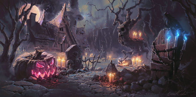 Обои на рабочий стол В ночь на Halloween / Хэллоуин ведьма с кошкой возле заброшенного дома, окруженного зловещего вида деревьями, могилами, горящими свечами и светильниками Джека