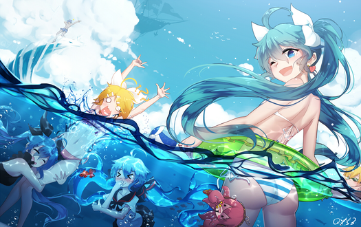 Обои на рабочий стол Три Vocaloid Hatsune Miku / Вокалоид Хатсуне, Kagamine Rin / Кагамине Рин, Kagamine Len / Кагамине Лен и осьминожек Luka Megurine / Лука Мэгуринэ в море, by prozz38