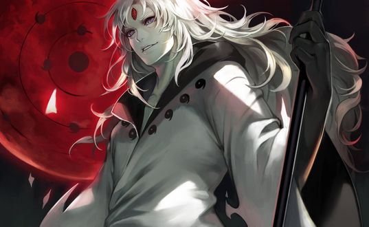 Обои на рабочий стол Madara Uchiha / Мадара Учиха на фоне кровавого риннегана из аниме Наруто / Naruto