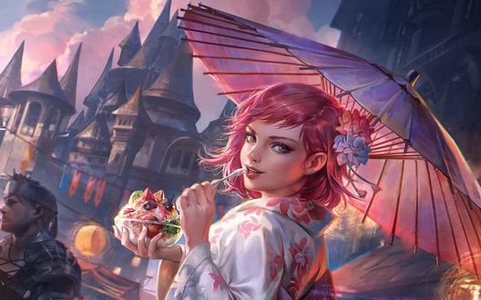 Обои на рабочий стол Девушка с зонтиком и десертом в руке, by JeremyChong