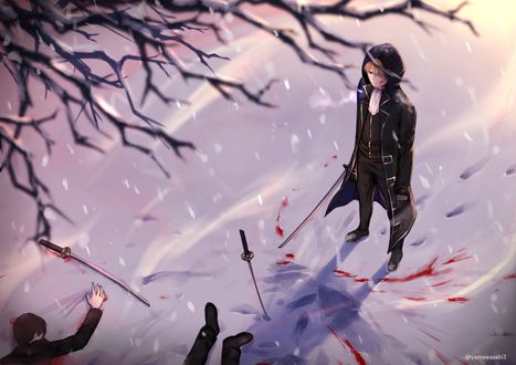 Обои на рабочий стол Сого Окита / Sougo Okita с окровавленной катаной стоит на снегу возле тел погибших из аниме Гинтама / Gintama