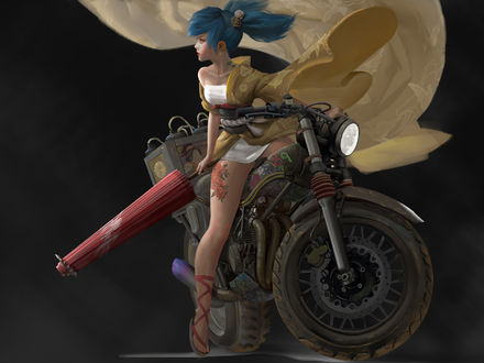 Обои Девушка-Biker / Байкер с синими волосами из игры Dragon Ball / Жемчуг дракона, by Yu Ing