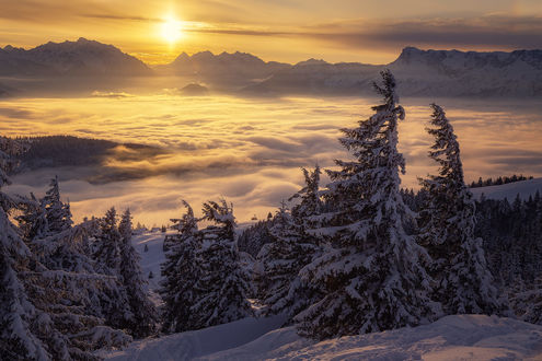 Обои на рабочий стол Зимний восход солнца в Wieserhoerndl, Austria / Визерхорнле, Австрия. Фотограф Manuel Widl