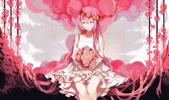 Обои на рабочий стол Вокалоид Мегуринэ Лука / vocaloid Megurine Luka с букетом роз, by Shuno
