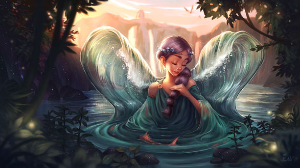 Обои на рабочий стол Девушка Калипсо стоит в воде, by Ashline Illustrations