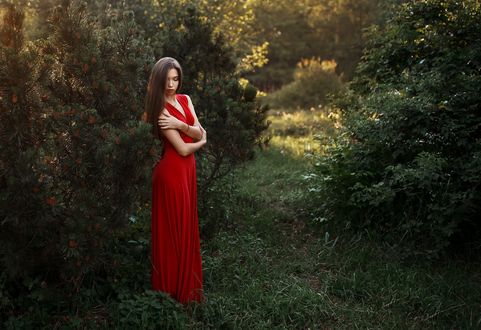 Обои на рабочий стол Девушка Лиля стоит у дерева Фотограф Альберт Лесной