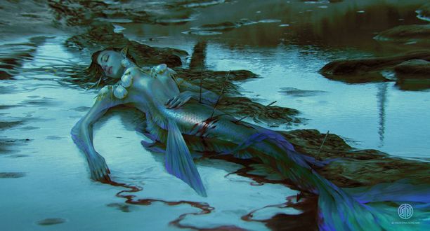 Обои на рабочий стол Русалка, истекающая кровью от ран, лежит на берегу, by Valentina Remenar
