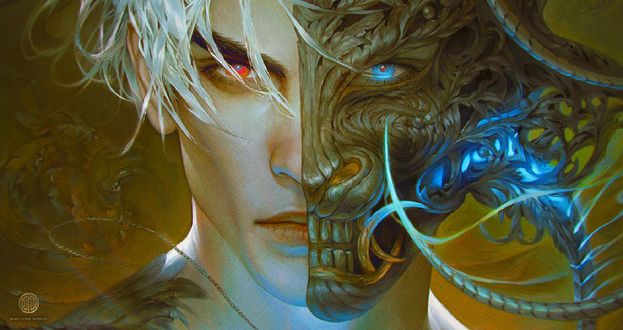 Обои на рабочий стол Светловолосый парень с маской монстра на пол-лица, Demon Within / Демон Внутри, by Valentina Remenar
