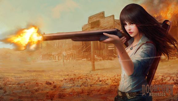 Обои на рабочий стол Девушка Xiong (Wendy) Cheng стреляет из винчестера, арт к игре Doomtown Reloaded, by Mario Wibisono
