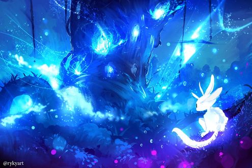 Обои на рабочий стол Фантастический зверек Ори в лесу, арт по игре Ori and the blind forest / Ори и Непроглядный лес, by ryky