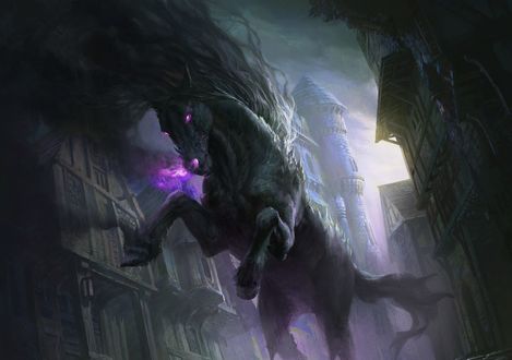 Обои на рабочий стол Nightmare Horse / Конь из ночного кошмара на улице мрачного города, by G-host Lee