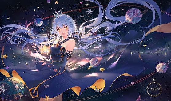Обои на рабочий стол Vocaloid Xingchen в короне в окружении планет (STARDUST), by Atdan