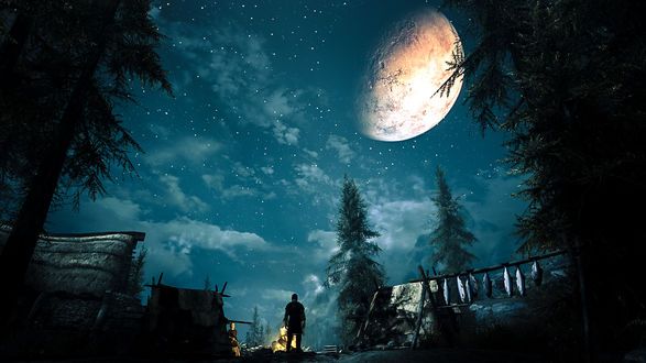 Обои на рабочий стол Деревья под ночным небом, игра The Elder Scrolls V: Skyrim, by WatchTheSkies45