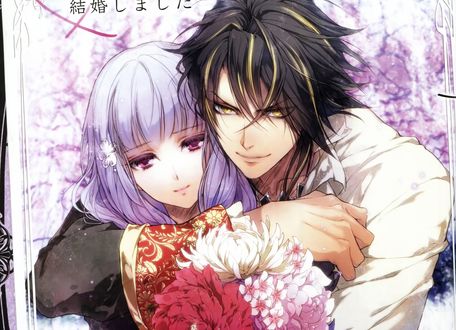 Обои на рабочий стол Leon обнимает Виолетту / Violetta держащую букет из отоме-игры Королева цветов / Reine des Fleurs, art by Kagerou Usuba