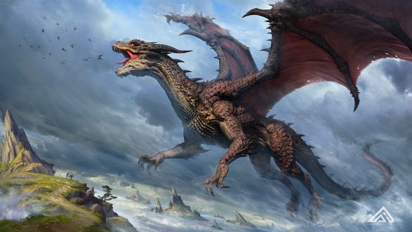 Обои на рабочий стол Огромный крылатый дракон на фоне пасмурного неба, by lin wu