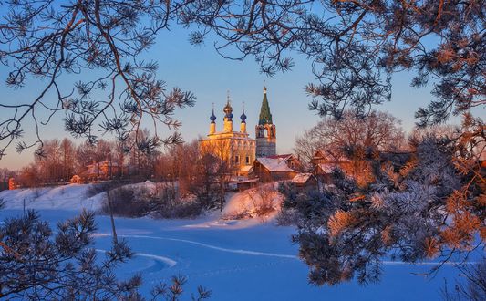 Обои на рабочий стол Вид на церковь Рождества Пресвятой Богородицы сквозь, покрытые инеем, ветки сосны, село Горицы, Ивановская область, фотограф Сергей Давыдов