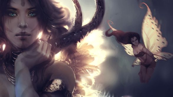 Обои на рабочий стол Goddess of the Sacred Forest / Богиня Священного леса и фея из игры Legend of the Cryptids, by Wojtek Fus