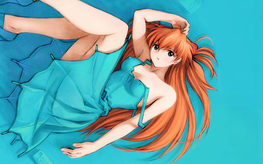 Обои на рабочий стол Аска Лэнгли Сорью Шикинами / Sohryu Shikinami Asuka Langley из аниме Евангелион нового поколения / Neon Genesis Evangelion / Shinseiki Evangelion, лежит в голубом платье, похожем на зонт